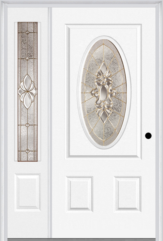 MMI SMALL OVAL 2 PANEL 3'0" X 6'8" FIBERGLASS SMOOTH HEIRLOOMS BRASS OR HEIRLOOMS SATIN NICKEL EXTERIOR PREHUNG DOOR WITH 1 HEIRLOOMS BRASS/SATIN NICKEL 3/4 LITE DECORATIVE GLASS SIDELIGHT 949